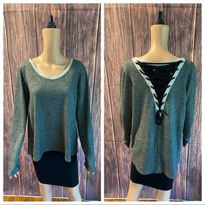 Everleigh size medium gray and black boho lace up sweatshirt blouse top